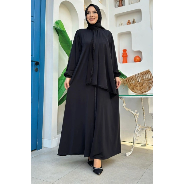 Dantel Detay Şallı Namaz Feracesi 6010 Siyah