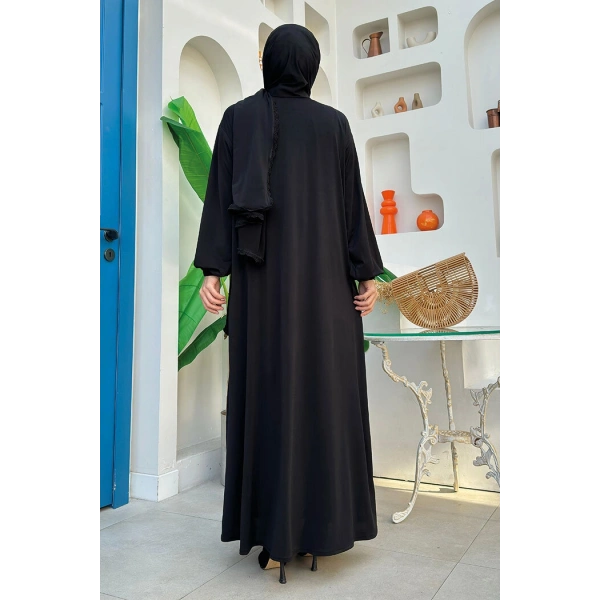 Dantel Detay Şallı Namaz Feracesi 6010 Siyah