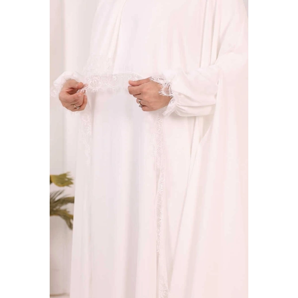 Dantel Detaylı Elbise Abaya Takım ŞAL HEDİYELİ! 6070 Ekru