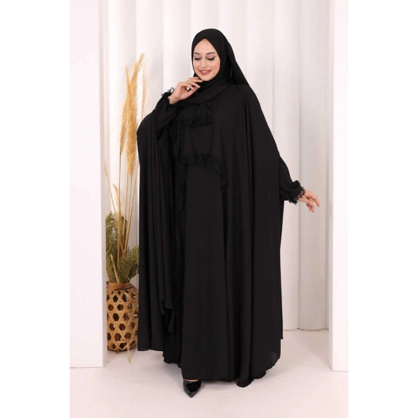 Dantel Detaylı Elbise Abaya Takım ŞAL HEDİYELİ! 6070 Siyah