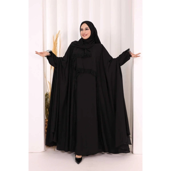 Dantel Detaylı Elbise Abaya Takım ŞAL HEDİYELİ! 6070 Siyah
