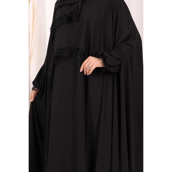 Dantel Detaylı Elbise Abaya Takım ŞAL HEDİYELİ! 6070 Siyah