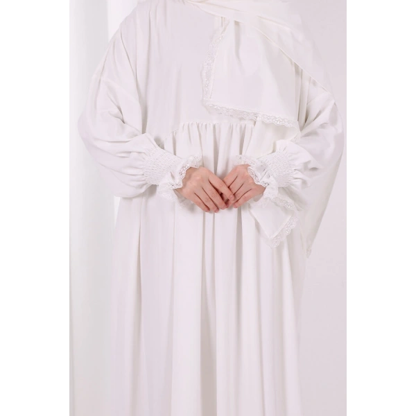 Dantel Detaylı Namaz Elbise 6095 Ekru