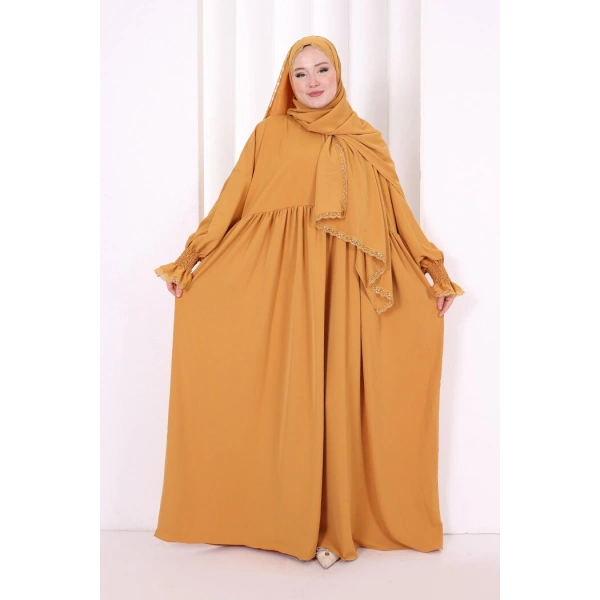 Dantel Detaylı Namaz Elbise 6095 Hardal