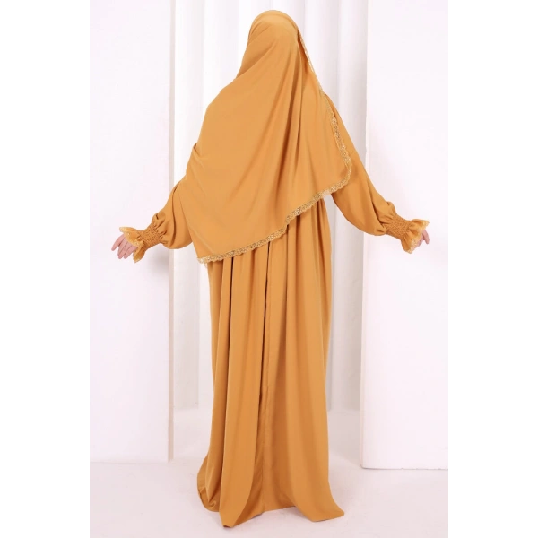 Dantel Detaylı Namaz Elbise 6095 Hardal