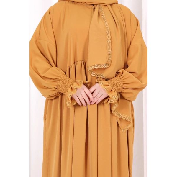 Dantel Detaylı Namaz Elbise 6095 Hardal