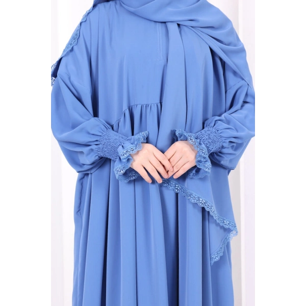 Dantel Detaylı Namaz Elbise 6095 İndigo