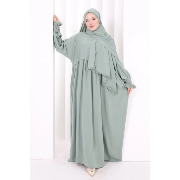 Dantel Detaylı Namaz Elbise 6095 Mint