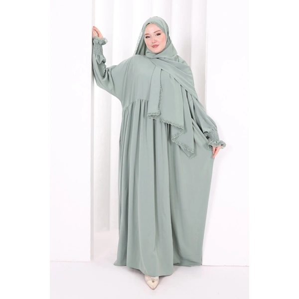 Dantel Detaylı Namaz Elbise 6095 Mint