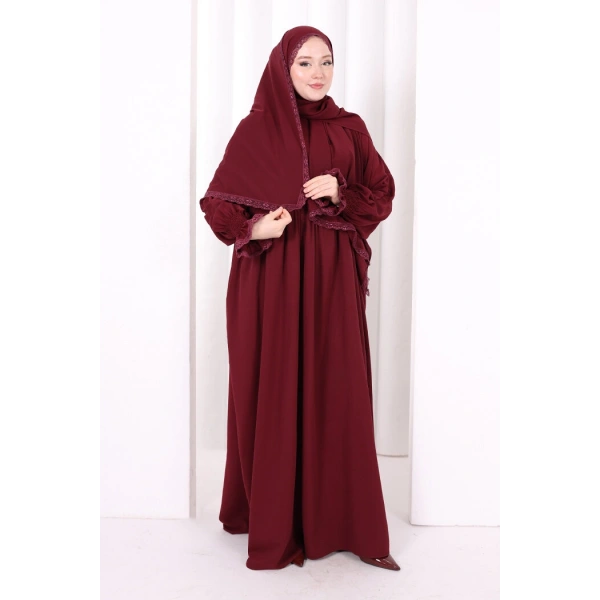 Dantel Detaylı Namaz Elbise 6095 Mürdüm