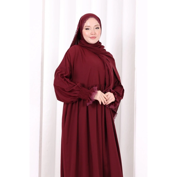 Dantel Detaylı Namaz Elbise 6095 Mürdüm