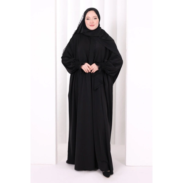 Dantel Detaylı Namaz Elbise 6095 Siyah