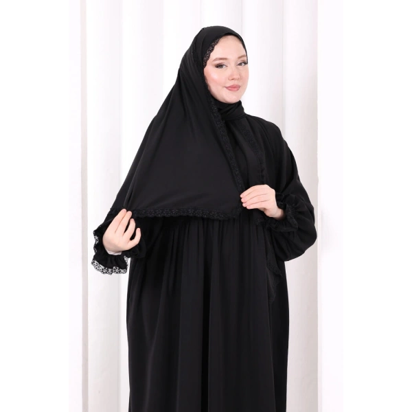Dantel Detaylı Namaz Elbise 6095 Siyah
