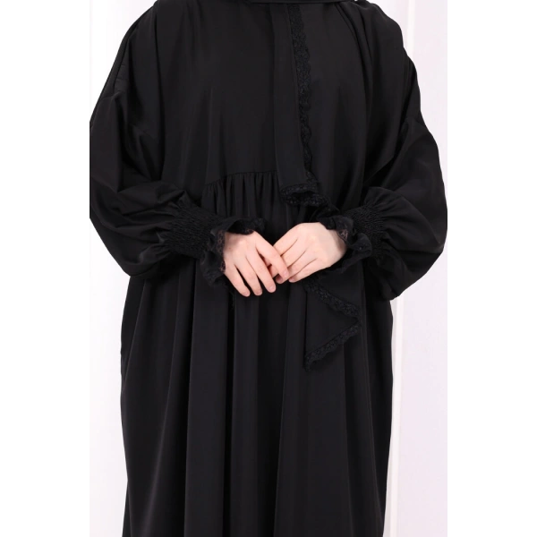 Dantel Detaylı Namaz Elbise 6095 Siyah