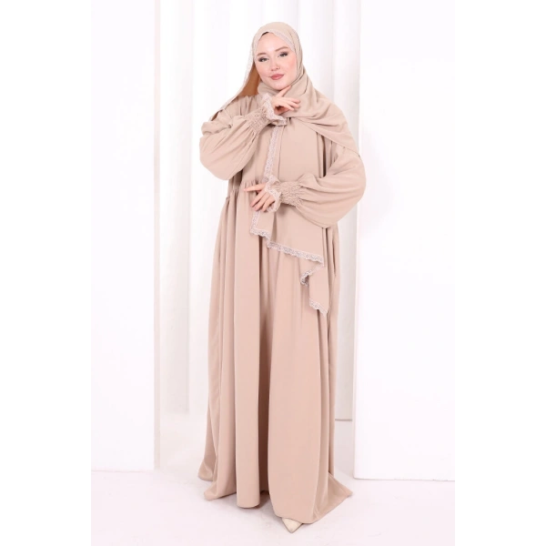 Dantel Detaylı Namaz Elbise 6095 Vizon