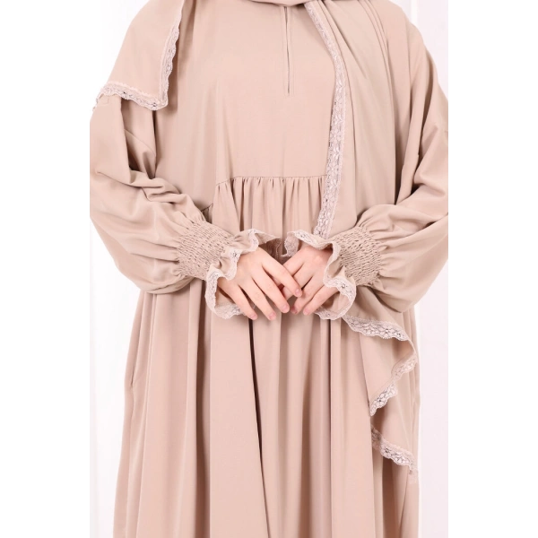 Dantel Detaylı Namaz Elbise 6095 Vizon
