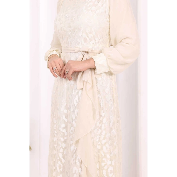 Dantel Görünümlü Şifon Fırfır Detay Elbise 3783 Taş