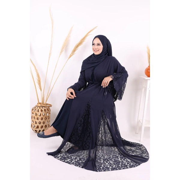 Dantel İşleme Detay Kuşaklı Şifon Abaya 7886 Lacivert