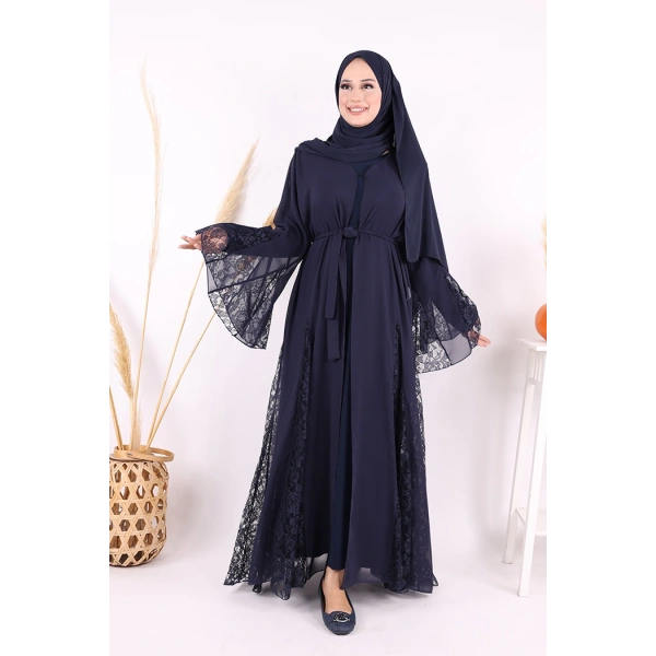 Dantel İşleme Detay Kuşaklı Şifon Abaya 7886 Lacivert