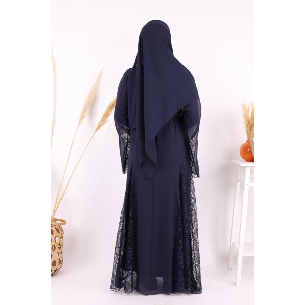 Dantel İşleme Detay Kuşaklı Şifon Abaya 7886 Lacivert