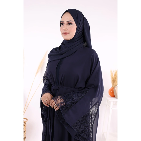Dantel İşleme Detay Kuşaklı Şifon Abaya 7886 Lacivert