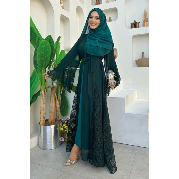 Dantel İşleme Detay Kuşaklı Şifon Abaya 7886 Zümrüt