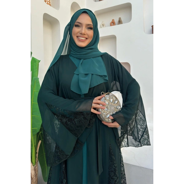 Dantel İşleme Detay Kuşaklı Şifon Abaya 7886 Zümrüt