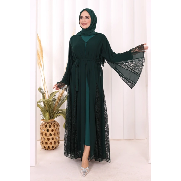 Dantel İşleme Detay Kuşaklı Şifon Abaya 7886 Zümrüt