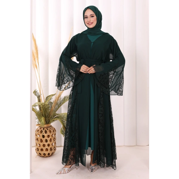 Dantel İşleme Detay Kuşaklı Şifon Abaya 7886 Zümrüt