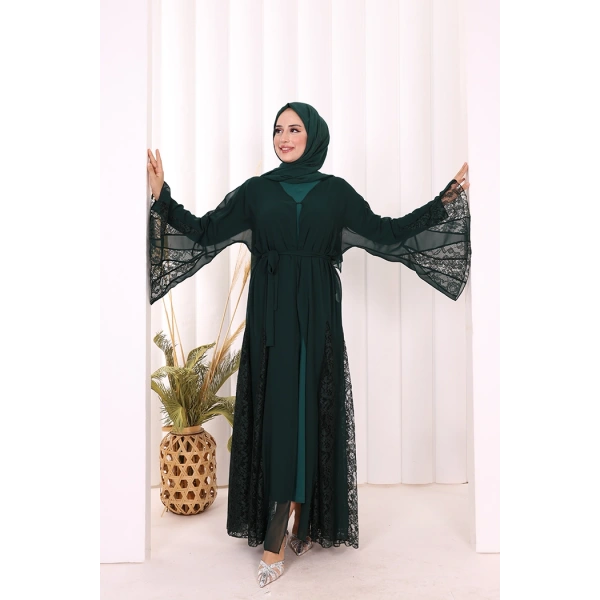 Dantel İşleme Detay Kuşaklı Şifon Abaya 7886 Zümrüt