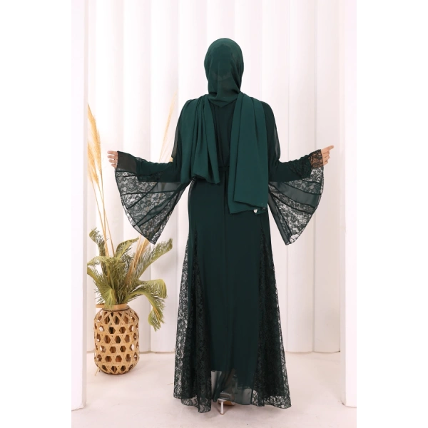 Dantel İşleme Detay Kuşaklı Şifon Abaya 7886 Zümrüt