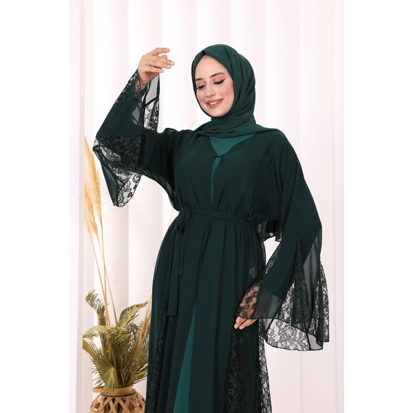 Dantel İşleme Detay Kuşaklı Şifon Abaya 7886 Zümrüt