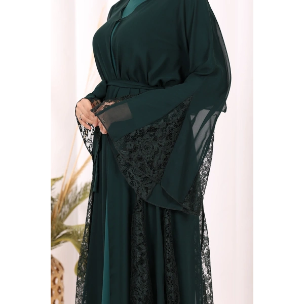 Dantel İşleme Detay Kuşaklı Şifon Abaya 7886 Zümrüt