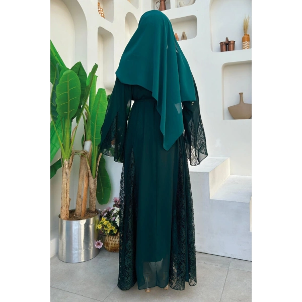 Dantel İşleme Detay Kuşaklı Şifon Abaya 7886 Zümrüt