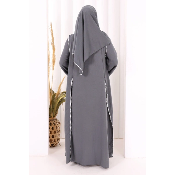 Dantel Şeritli Abaya Elbise Şal Üçlü Takım 6074 Antrasit