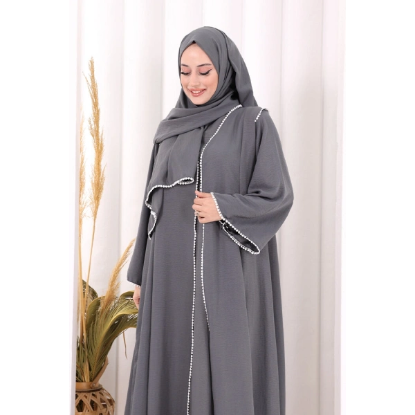 Dantel Şeritli Abaya Elbise Şal Üçlü Takım 6074 Antrasit