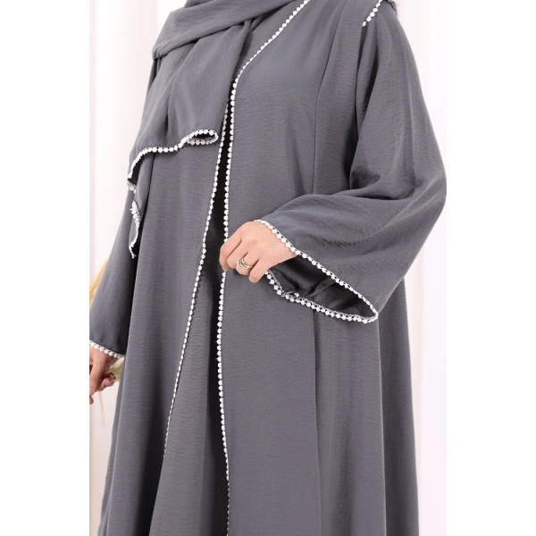 Dantel Şeritli Abaya Elbise Şal Üçlü Takım 6074 Antrasit