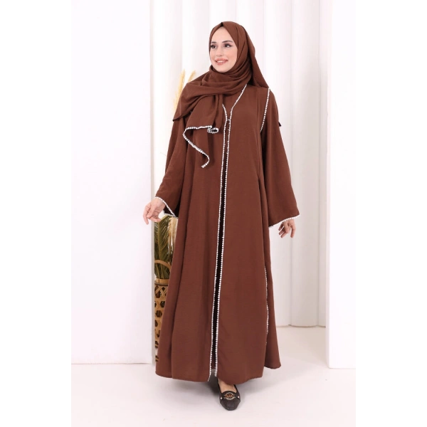 Dantel Şeritli Abaya Elbise Şal Üçlü Takım 6074 Kahverengi