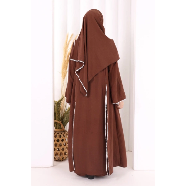 Dantel Şeritli Abaya Elbise Şal Üçlü Takım 6074 Kahverengi