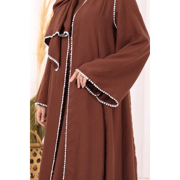 Dantel Şeritli Abaya Elbise Şal Üçlü Takım 6074 Kahverengi
