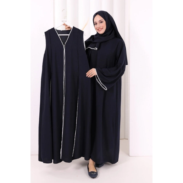 Dantel Şeritli Abaya Elbise Şal Üçlü Takım 6074 Lacivert