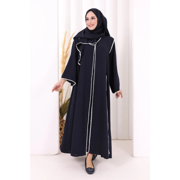 Dantel Şeritli Abaya Elbise Şal Üçlü Takım 6074 Lacivert