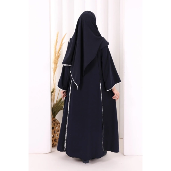 Dantel Şeritli Abaya Elbise Şal Üçlü Takım 6074 Lacivert