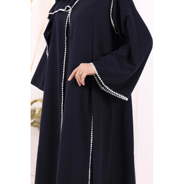 Dantel Şeritli Abaya Elbise Şal Üçlü Takım 6074 Lacivert