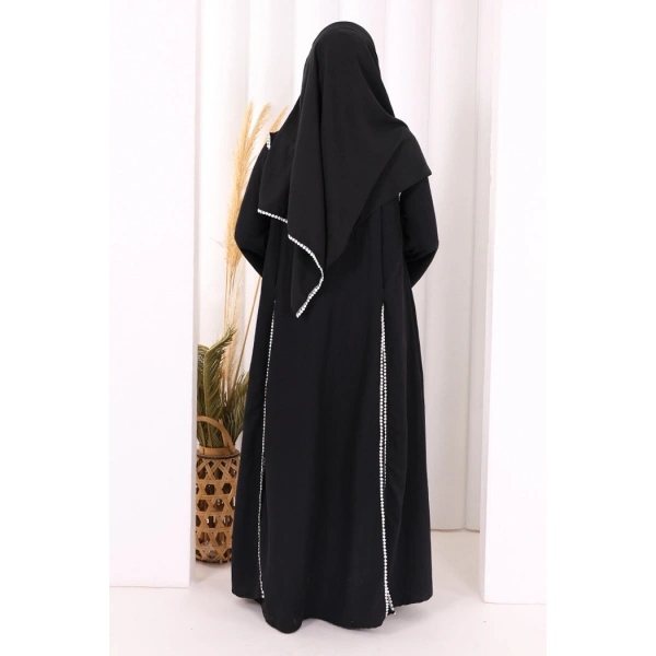 Dantel Şeritli Abaya Elbise Şal Üçlü Takım 6074 Siyah