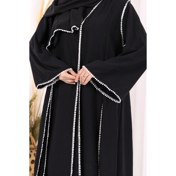 Dantel Şeritli Abaya Elbise Şal Üçlü Takım 6074 Siyah