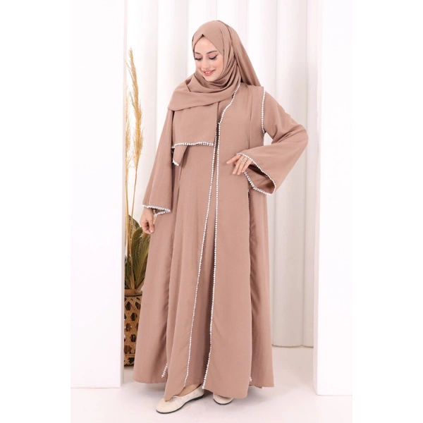 Dantel Şeritli Abaya Elbise Şal Üçlü Takım 6074 Somon