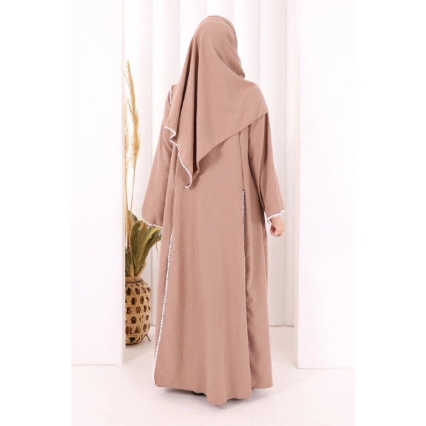 Dantel Şeritli Abaya Elbise Şal Üçlü Takım 6074 Somon