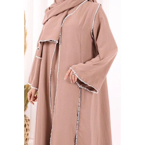 Dantel Şeritli Abaya Elbise Şal Üçlü Takım 6074 Somon