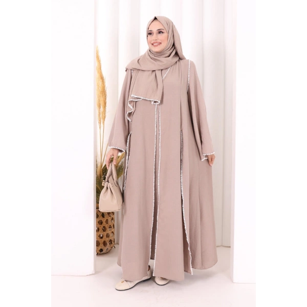 Dantel Şeritli Abaya Elbise Şal Üçlü Takım 6074 Vizon